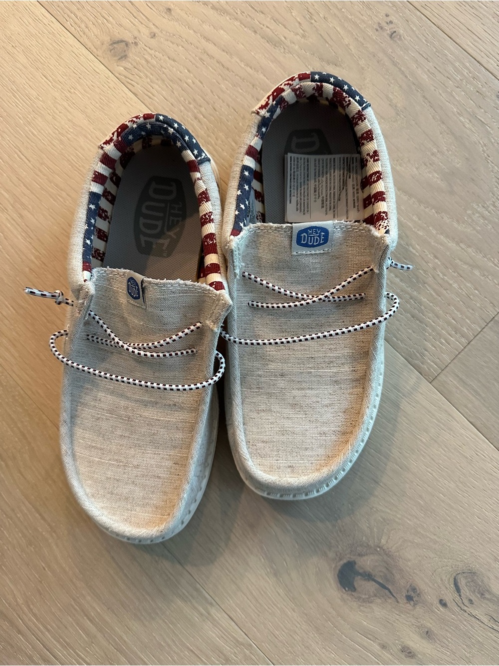 Boys HeyDude canvas USA shoes, new. Size 3